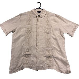 Lands End Shirt Men's XL Linen Embossed short sleeve button‎ Up 4 Front Pockets
